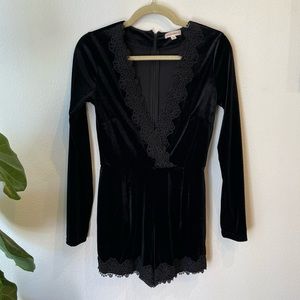 Cotton Candy LA Velvet Romper in Black with Lace Detail